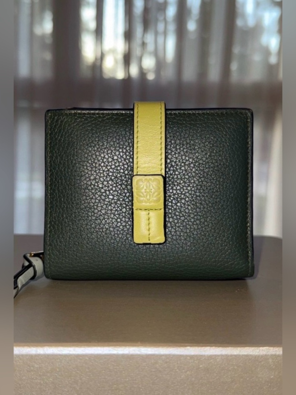 Loewe Dark Green Pebbled Leather Wallet with Chartreuse Strap